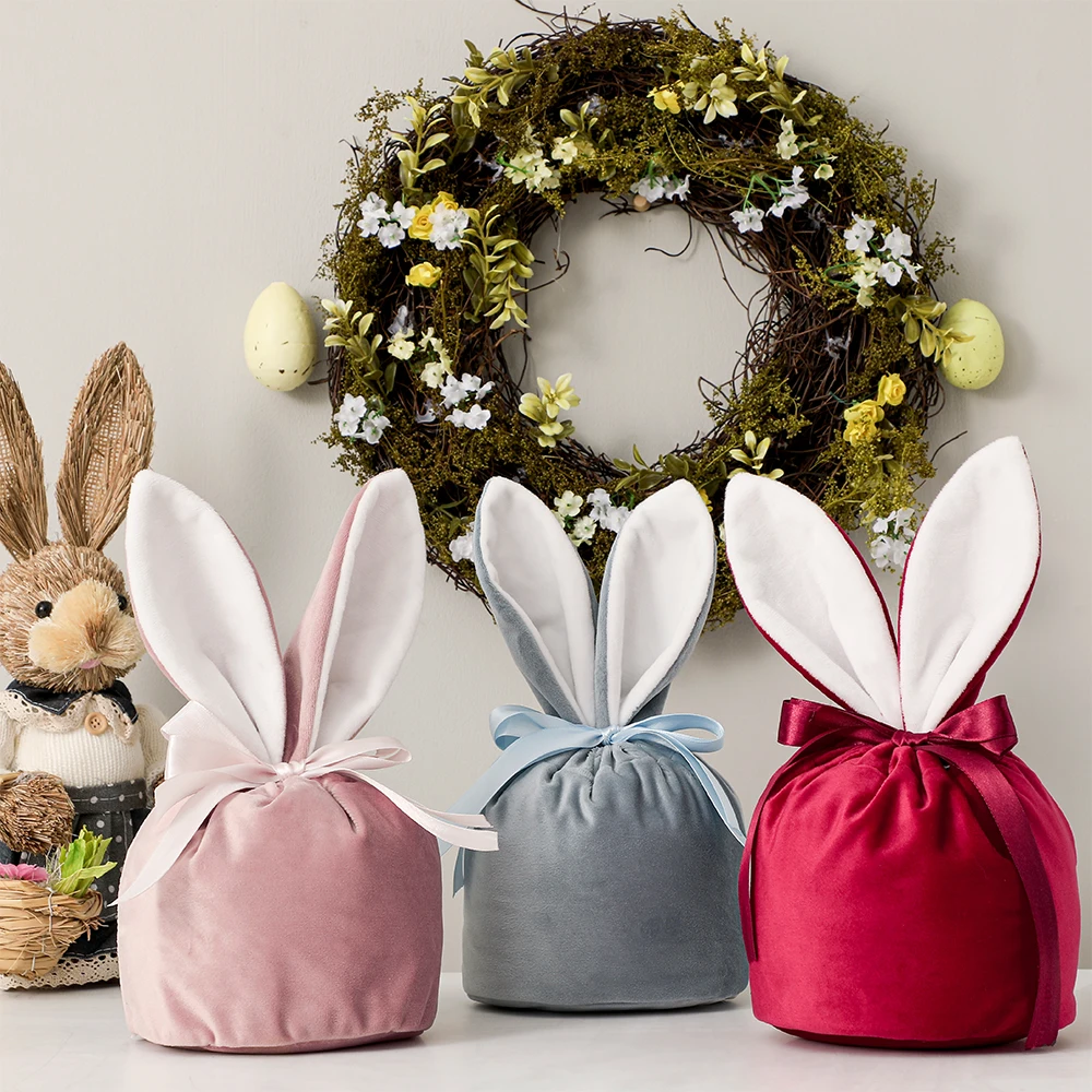 

Easter Bunny Bag Velvet Gift Rabbit Ears Accessories Plash Sugar Wedding Candy Box Cute Decor Mixed Colour Drawstring Bag