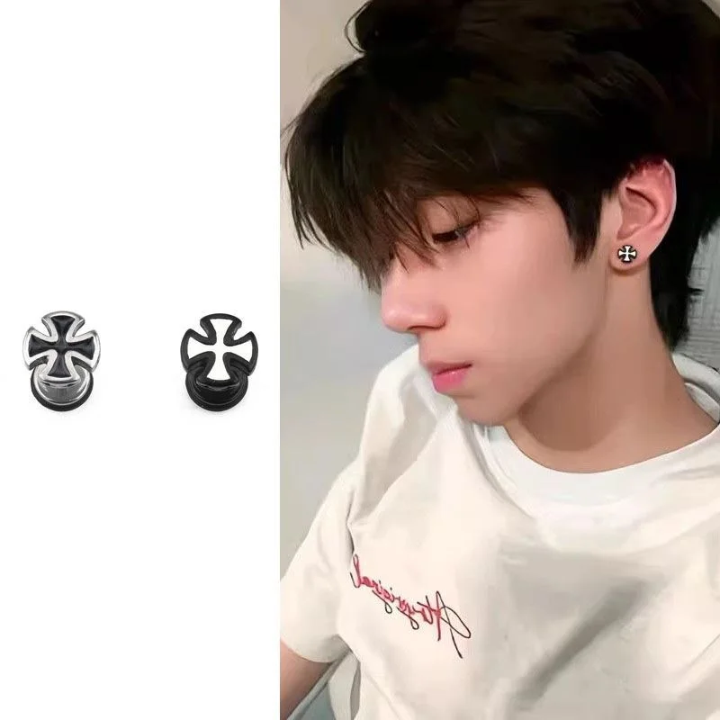 1Pair Hip Hop Punk Titanium Steel Stud Piercing Hoop Earrings For Women Men Circle Cross Pendient Jewelry Black White Color