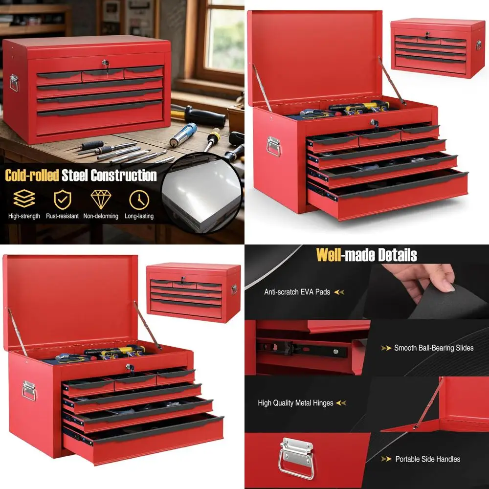 

Стальной ящик для инструментов с 6 выдвижными ящиками и верхним шкафом, автоматической блокировкой, поролоном EVA, портативное хранилище для мастерских и гаражей (красный)