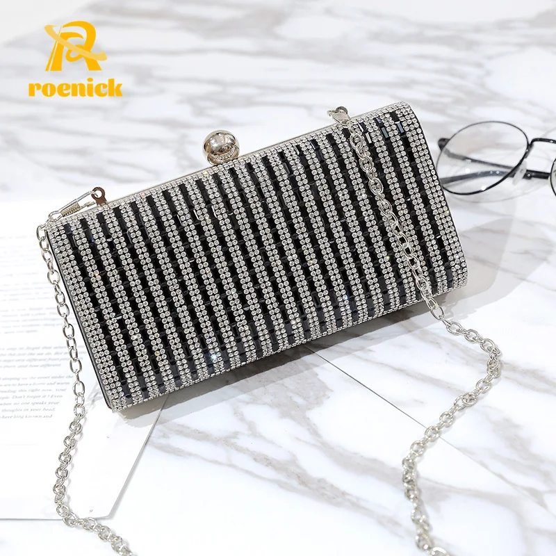 

ROENICK Women Diamonds Rhinestone Evening Bags Silver Wedding Crystal Party Sequins Clutches Gold Chain Shoulder Handbags Purses