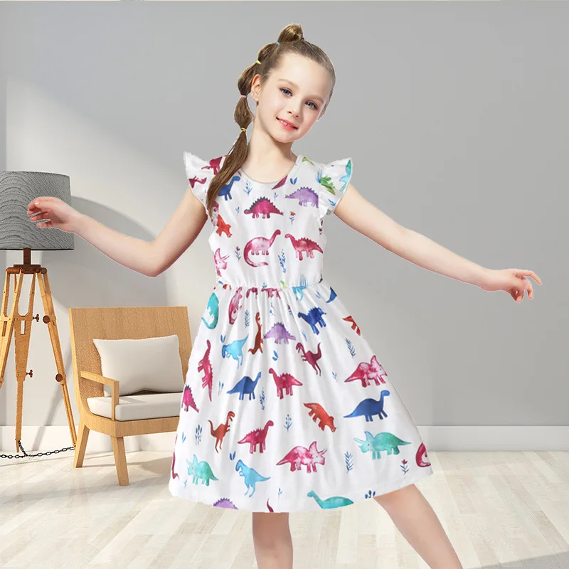 Summer New Hot-Selling Girls' Dress Hot Sale Flutter Sleeve Colorful Dinosaur Dress Wholesale