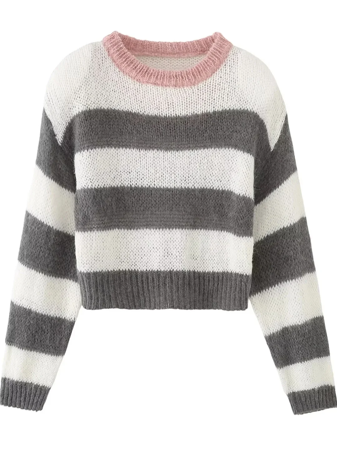 

Американский свободный вязаный свитер в полоску для женщин, повседневный топ с круглым вырезом и длинными рукавами