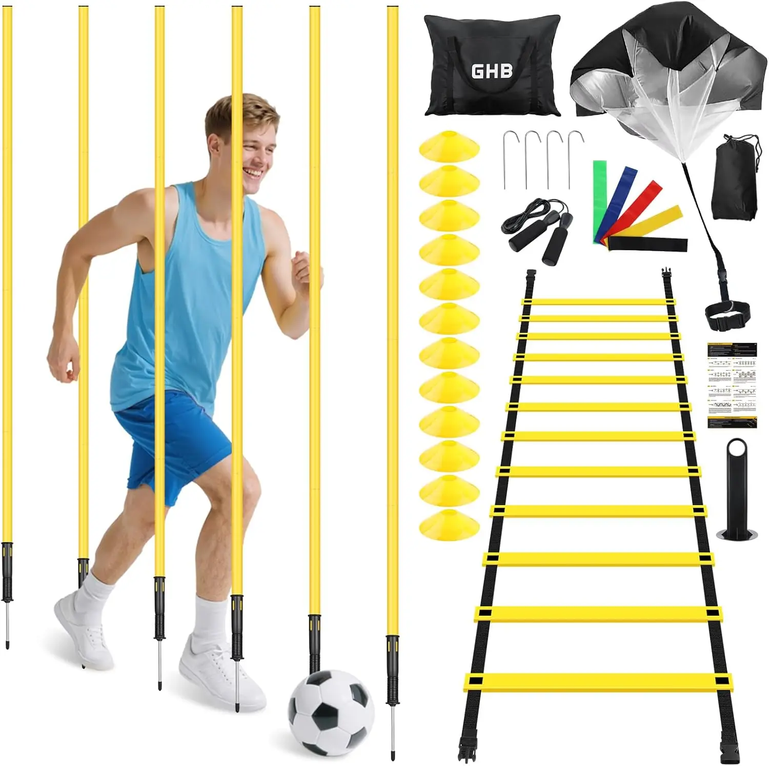 

Complete Soccer Agility Training Kit with Speed Ladder, Poles, Cones, Parachute, Jump Rope & Bands