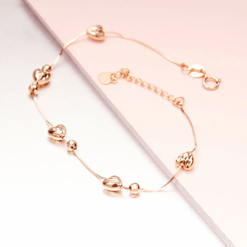 

585 Purple Gold Soft Chain Heart-shaped Bracelet For Women Classic Plated 14K Rose Gold Design Romantic Engagement Jewelry Gift