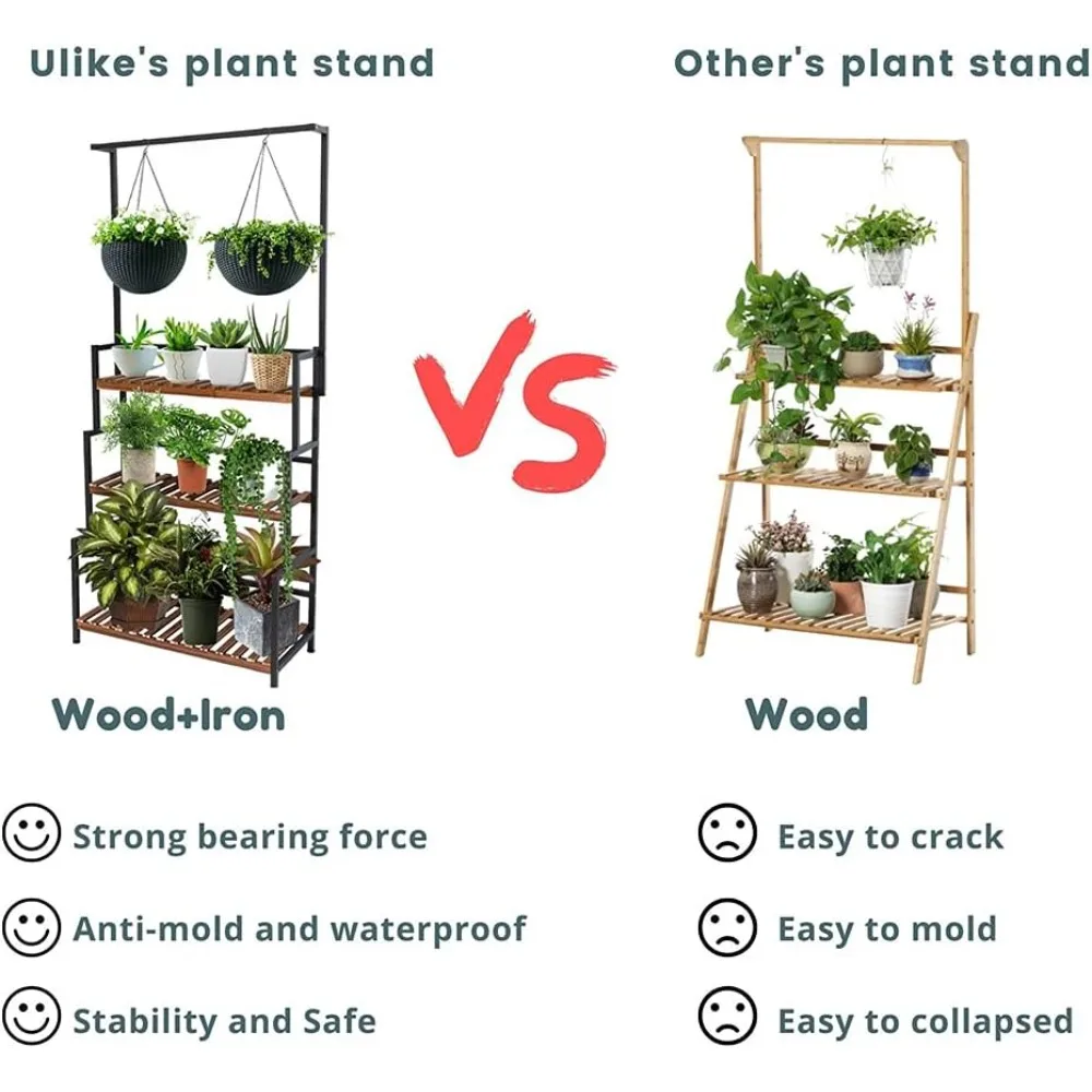 ULIKE Plant Stand Outdoor Indoor Hanging Plant Shelf for Multiple Plants 3 Tier Tall Plant Stand Wood Rack with Metal Frame for