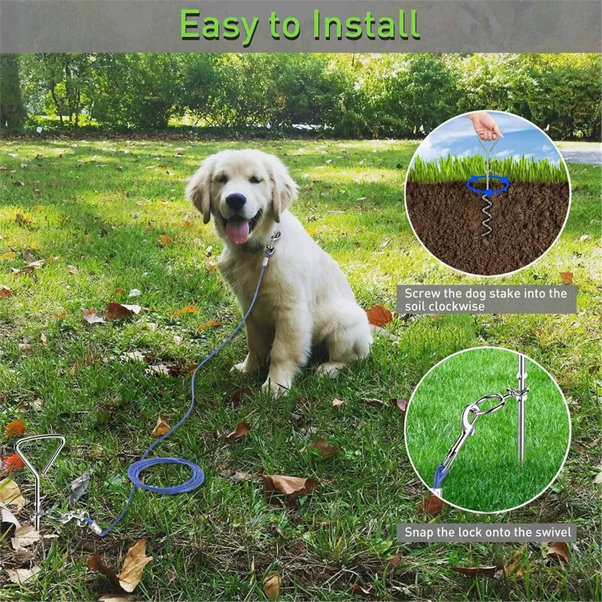 Dog Tie Out Cable and Stake, 30ft Heavy Duty Anti-Rust Spiral Stake for Medium-Large Dogs Up to 125 Lbs
