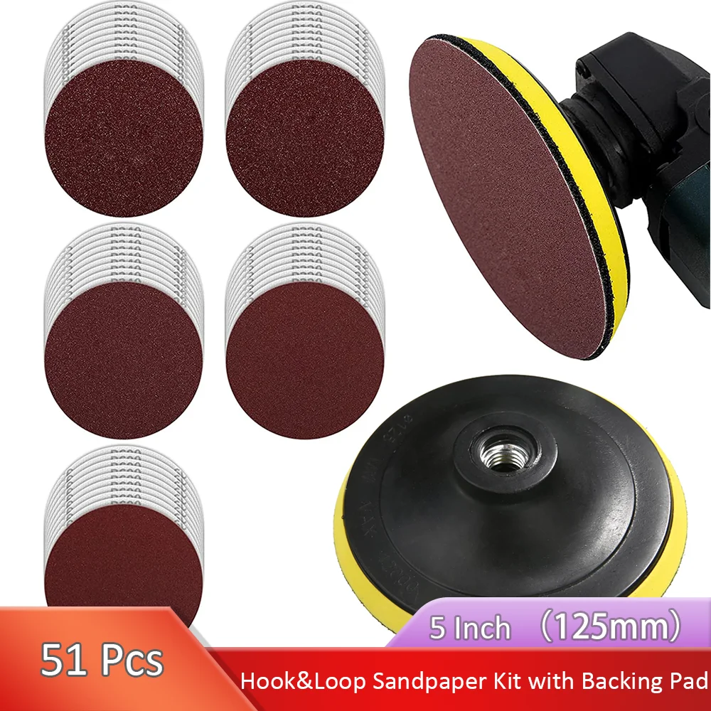 5 Inch 50PCS Sanding Discs with Backing Pad Angle Grinder Attachments with Sanding Pad for Wood Sanding Buffing Polishing