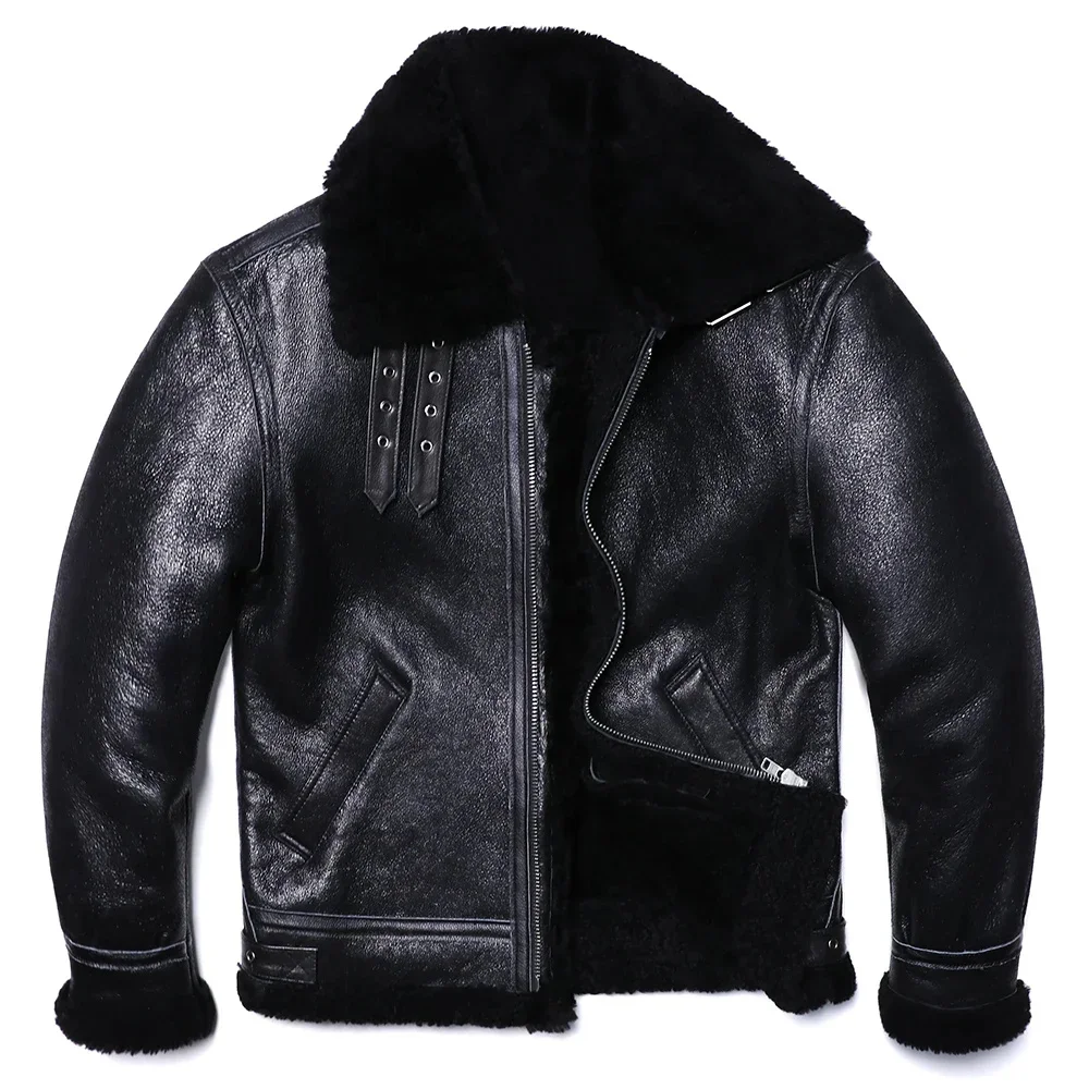 B3 Style Black Thick Sheep Shearling Wool Leather Jacket Original Ecological Fur Genuine Sheepskin Male Warm Coats Flight