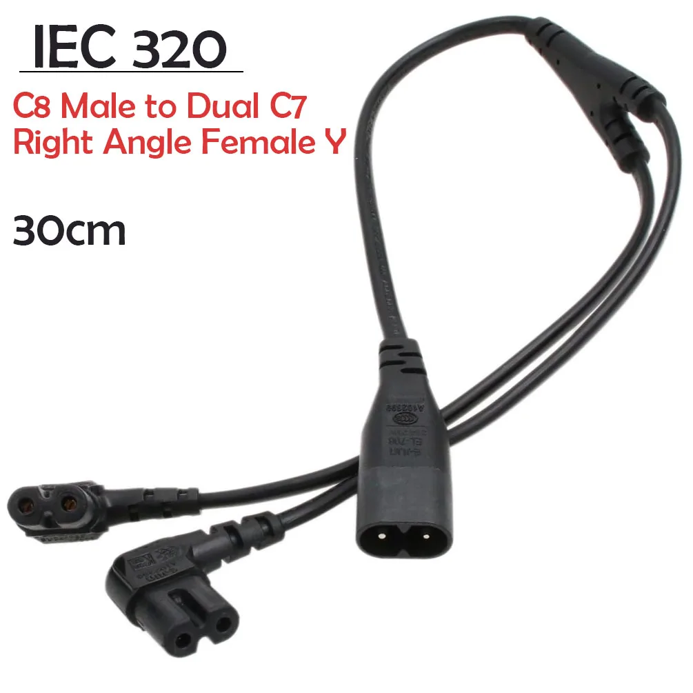 IEC C8 to Dual C7 Power Cable 1PCS 2Pin Figure 8 Male to 2 Female Y Splitter Right Angle Connector for Monitor Power Cord 30CM ﻿