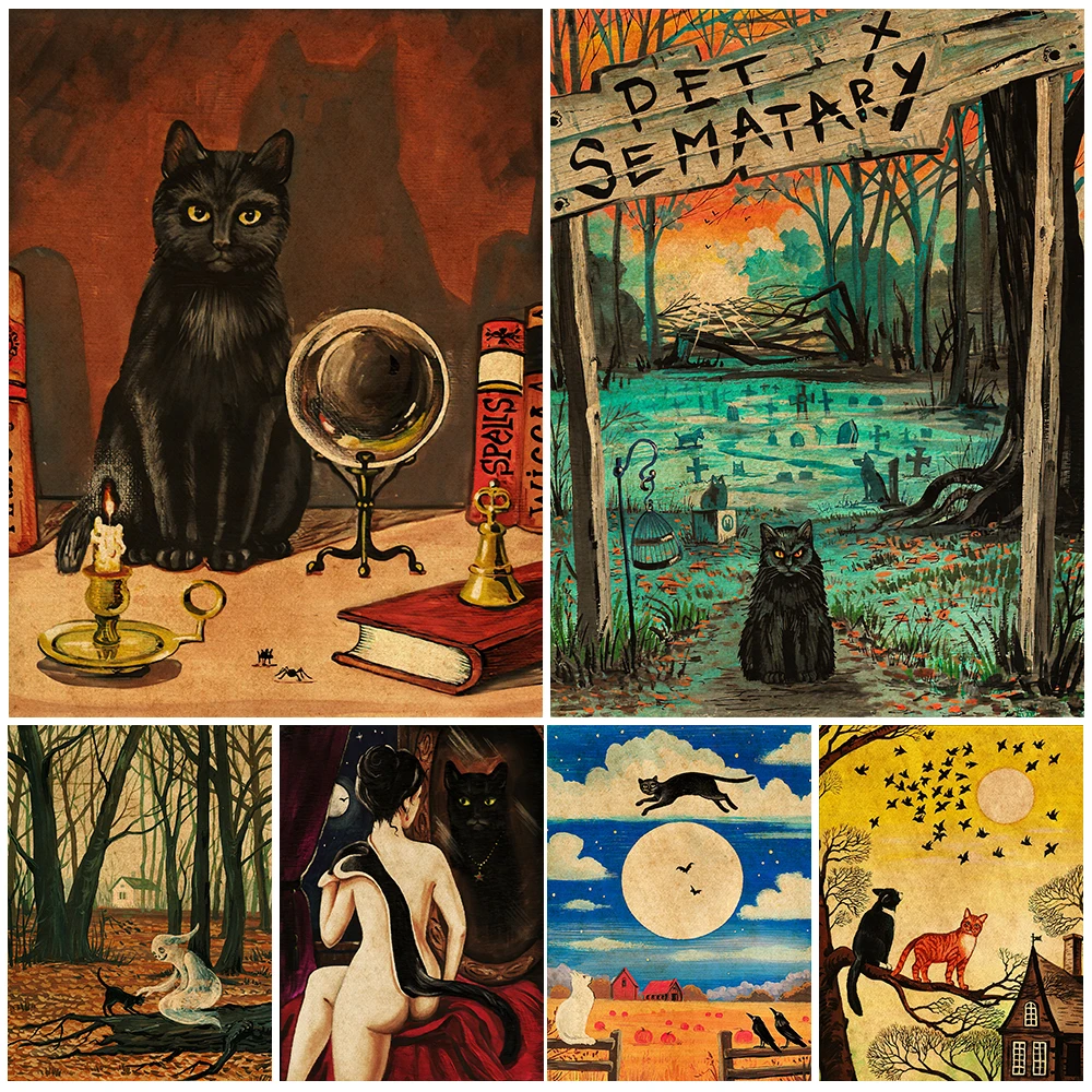 The Black Cat Witch Of Salem Art Poster And Prints Vintage Wall Art Magic Cat Daily Life Canvas Painting Home Decor Unframed