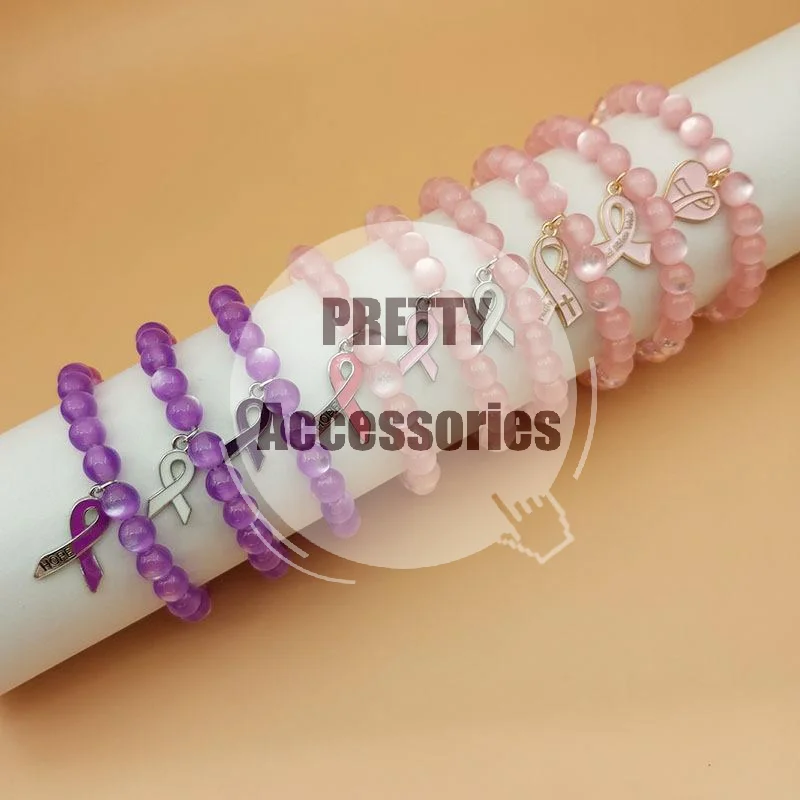 1Pcs Pink Ribbon Breast Cancer Awareness Bracelet Stretch Beaded Jewelry for Support Events Women Casual Wear Gift