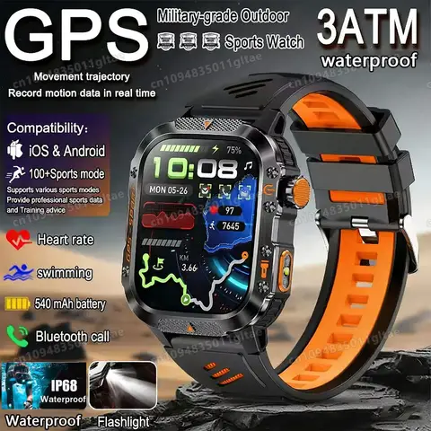 2026 New Military-grade Smart Watch Men GPS Flashlight 3ATM Waterproof Watch Bluetooth Call 100+Sport Outdoor Smartwatch Pk Ht30