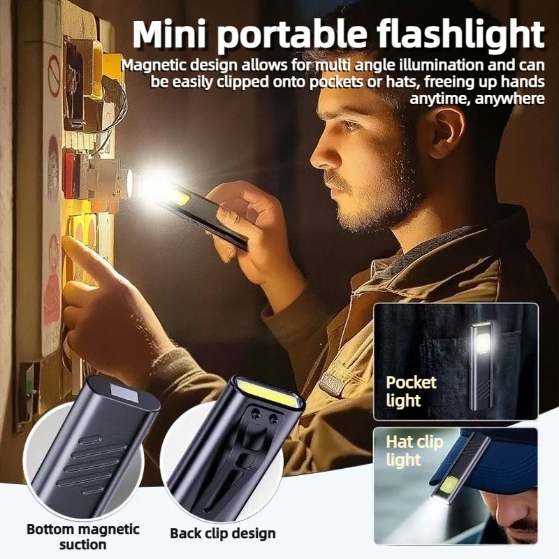 

1/2 Pcs Mini Portable Outdoor LED Flashlight Rechargeable Magnetic Waterproof Strobe for EDC & Travel & Auto Repair & Camping