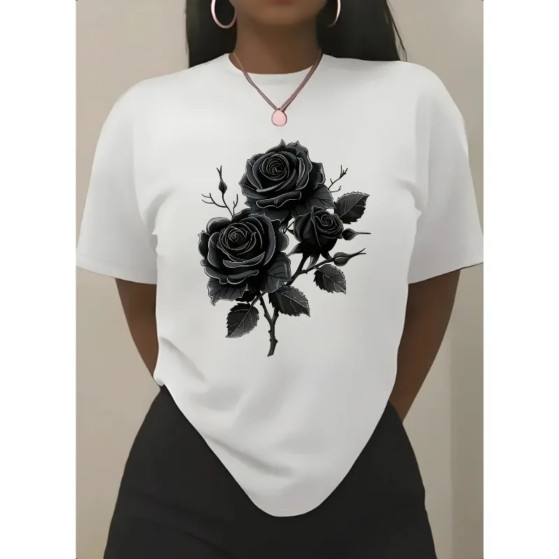 

Women's Round Neck Short Sleeve T-shirt Black and White Rose Pattern Soft and Comfortable Casual Sisters Gift Loose T-shirt