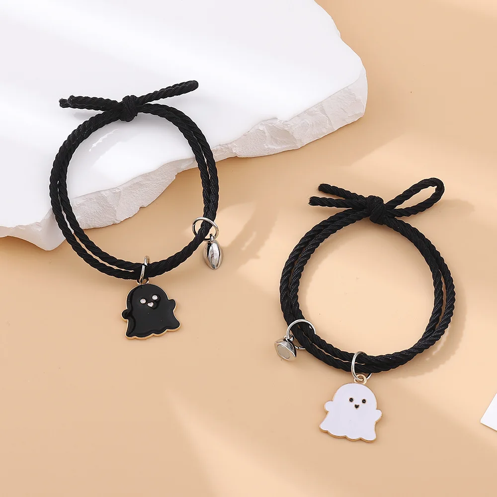 2Pcs/Set Ghost Braided Bracelet for Women Men Romantic Heart Magnetic Distance Couple Bracelet Friendship Halloween Jewelry Gift