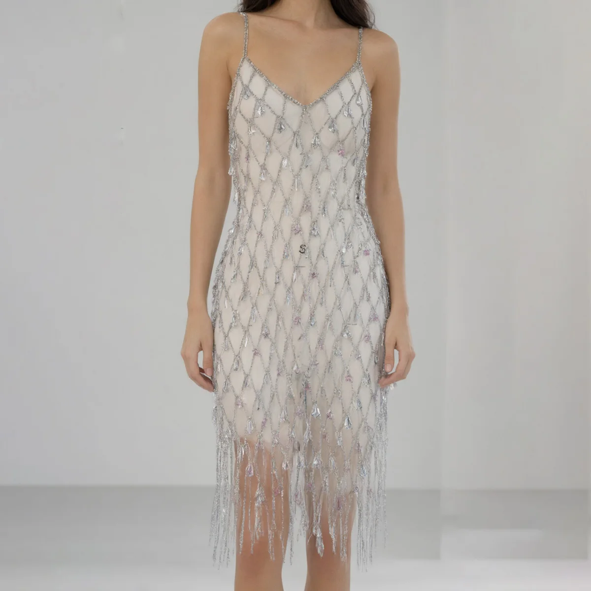 Luxury Silver Crystal Rhinestone Mesh Dress - Handmade Teardrop Gem Body Chain Gown for Women, Sexy Festival Rave Party Clubwear