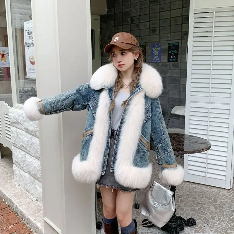 Stylish Autumn Winter Women Parka Coat Warm Denim Overcoat Faux Fur Collar Qulited Jacket Casual Warm Coat Female Outwear