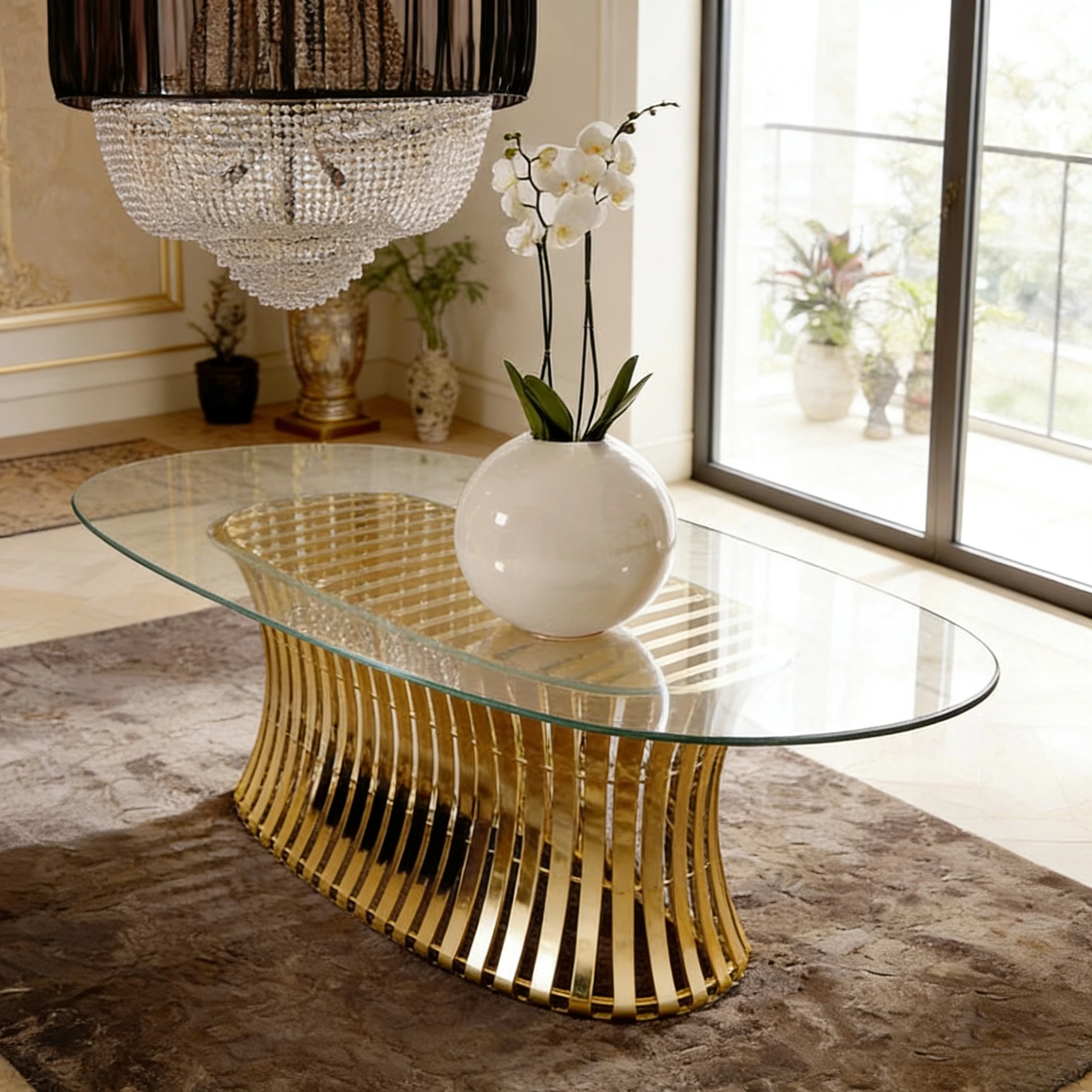 S*-Luxury Modern Gold Stainless Steel Base Tempered Glass Top Dining Table Oval Shape for Living Room and Hotel