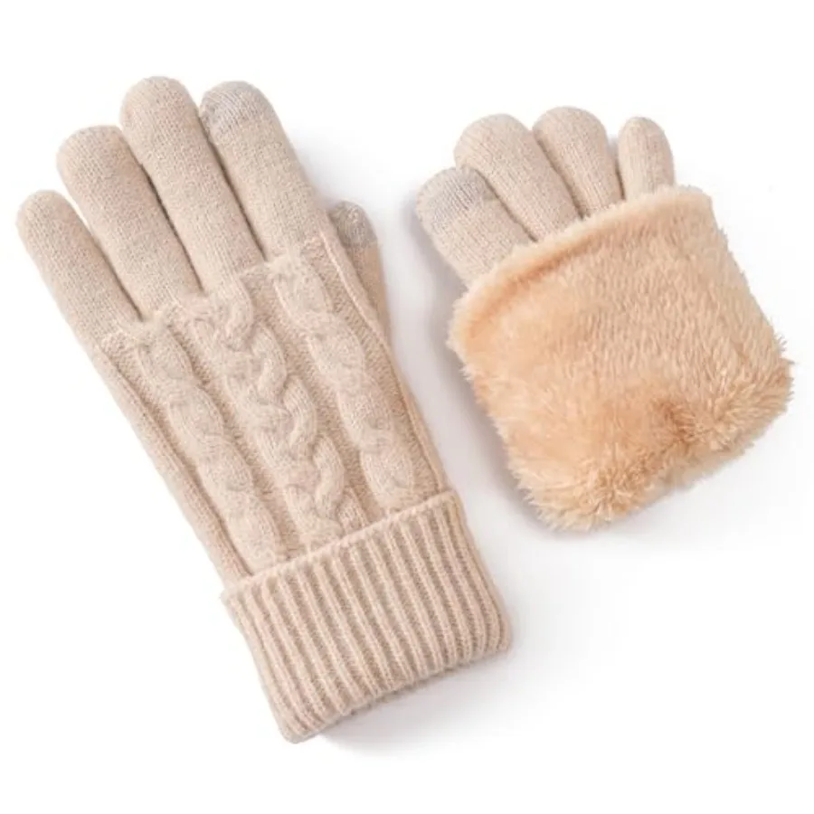 

Winter Warm Fleece Lined Gloves for Women, Thermal Wool Cable Knit Gloves for Cold Weather, Touchscreen Fingers Folding Cuffs