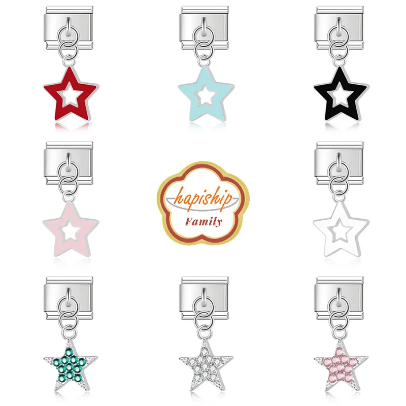 Hapiship Family 2024 Women Fashions Star Shiny CZ Charm Links Fit 9mm Bracelet Stainless Steel Making DIY Jewelry NEW140