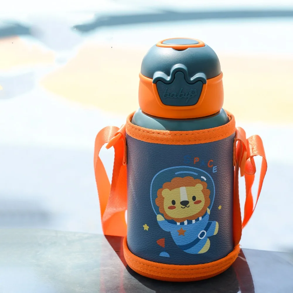 

480ml Children's Water Kettle with Straw Cartoon Thermal Water Bottle Anti-fall Stainless Steel Kids Thermos Bottle for Students