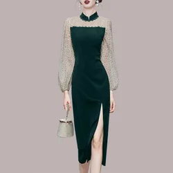 Korean Elegant Fashion Woman Split Dresses Pullover Long Sleeve Splicing Gauze Slim Female Casual Midi Spring Autumn Dress 2022