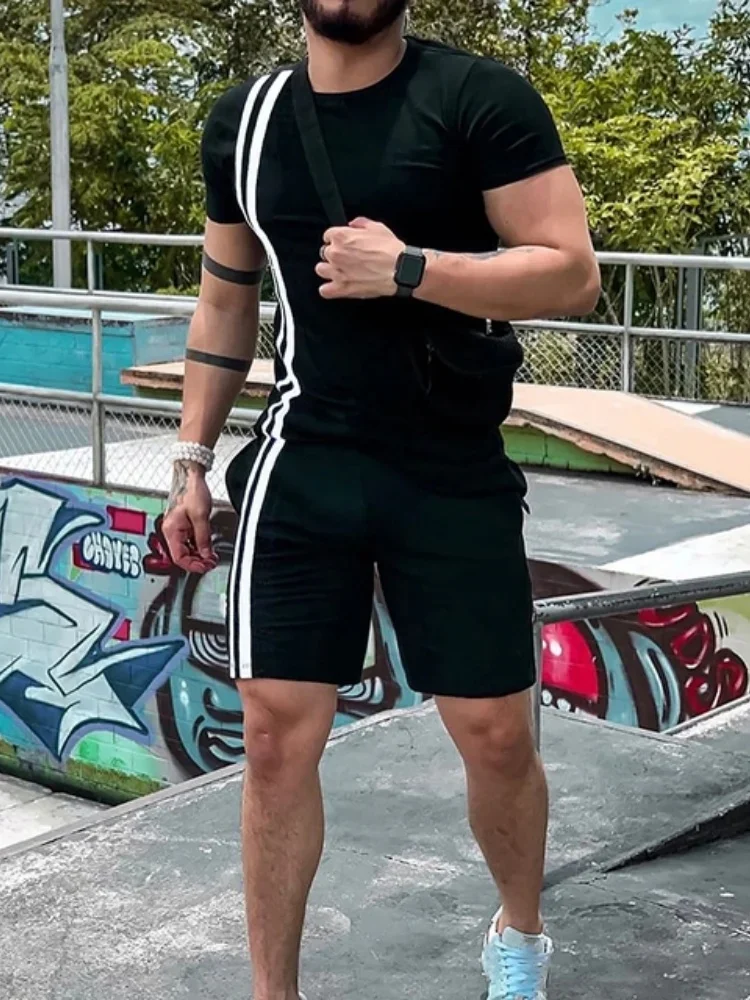 New Fashion Men's Suit Harajuku Vintage Printed Short-Sleeved T-Shirt Shorts 2 Piece Clothes Casual Men Set Streetwear