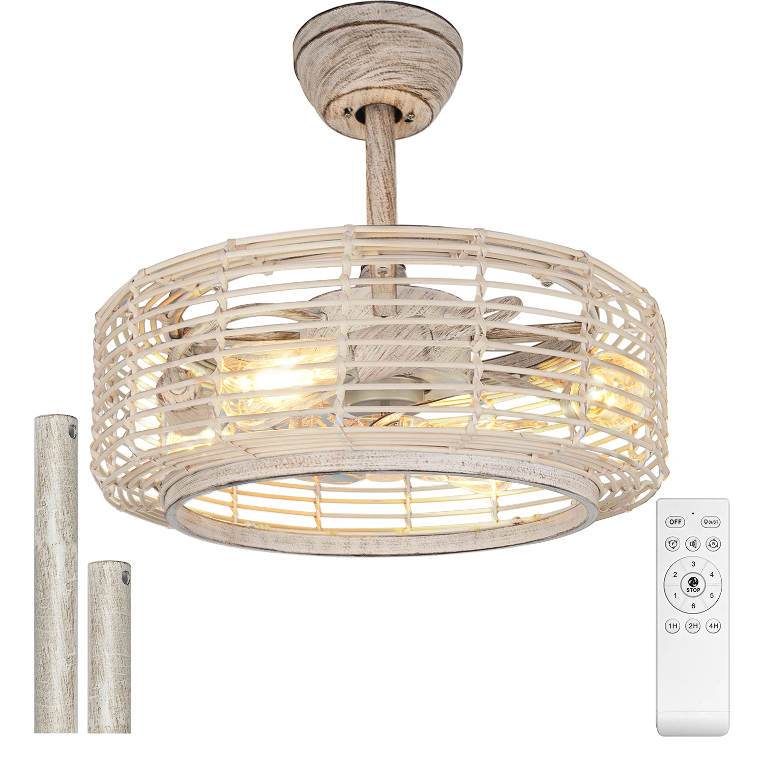 Rustic White Metal & Wicker Caged Ceiling Fan with Lights & Remote, 4