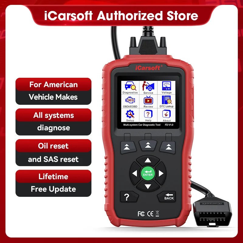 

iCarsoft FD V1.0 для американских транспортных средств, все диагностики систем, сброс масла + сброс SAS в прямом эфире, подача двигателя с подушкой безопасности ABS