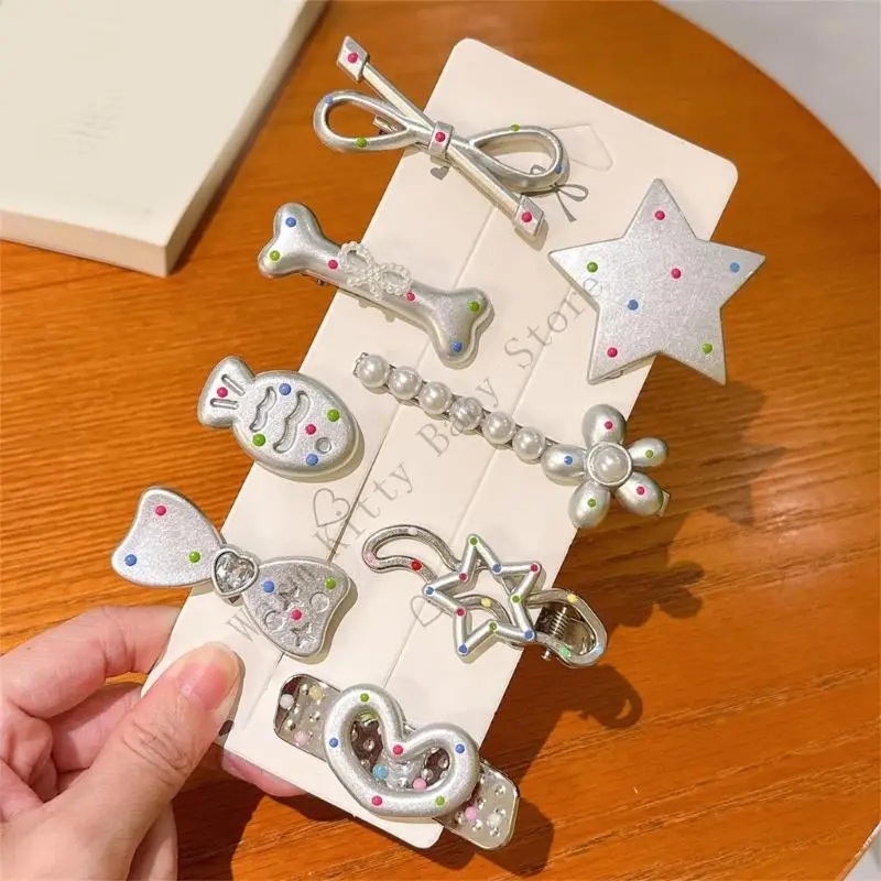 

8 PCs Fashion Dopamine Pink Polka Dot Barrettes Hair Clips Cute Star Bowknot Children Girls Duckbill Hairpins Hair Accessories