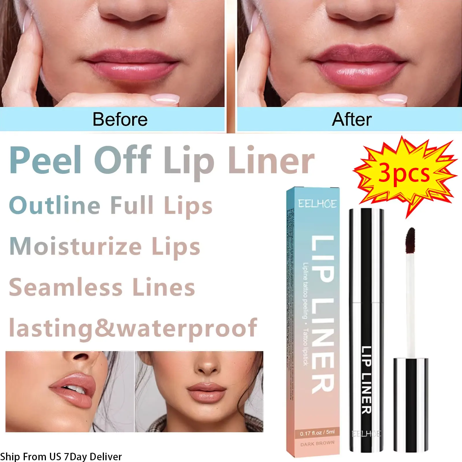 3pcs Light/Dark Brown Peel Off Lip Liner Waterproof Long Lasting Lip Liner Lip Stain Outline Full Lips Appearance of Your Lips