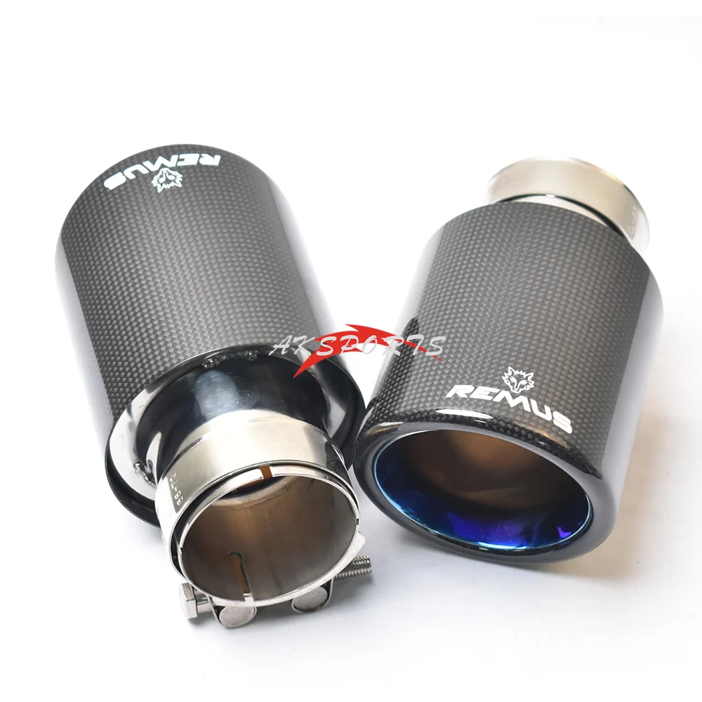 1Pc Car Exhaust Straight Flange Glossy Carbon Tail End Tip Blue Stainless Steel Bevel Muffler Pipe