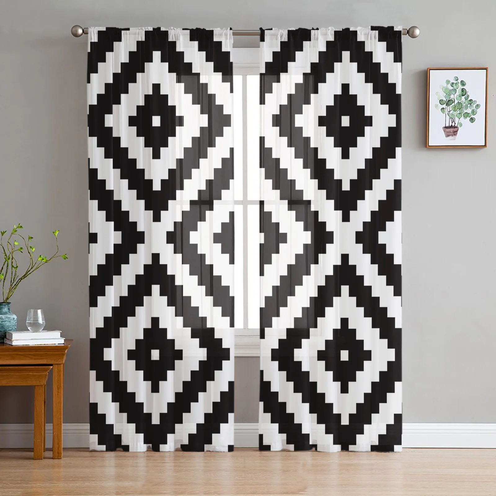 Black White Irregular Geometry Tulle Curtains for Living Room Bedroom Decor Chiffon Sheer Voile Kitchen Window Curtain