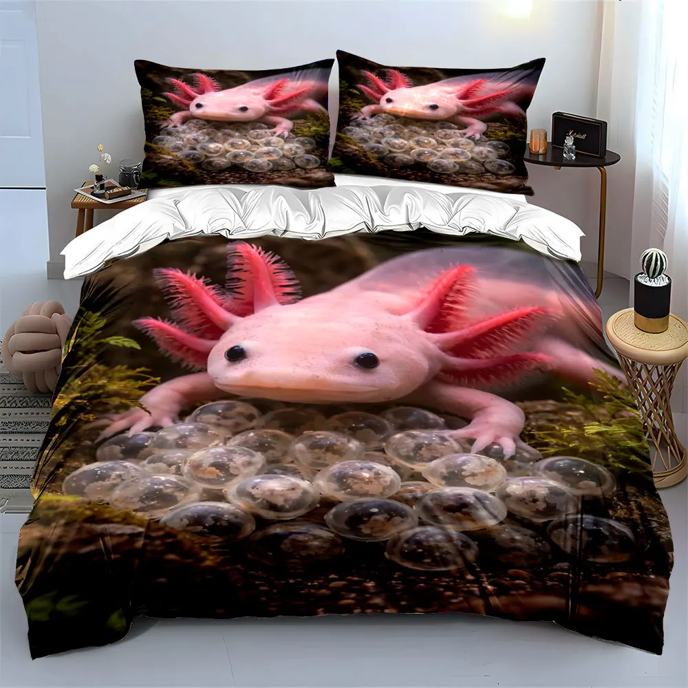 Pink axolotl guarding egg cluster Print Bedding Set 1 Duvet Cover 2 Pillowcases for Adult and Children Luxury Gift Full Size