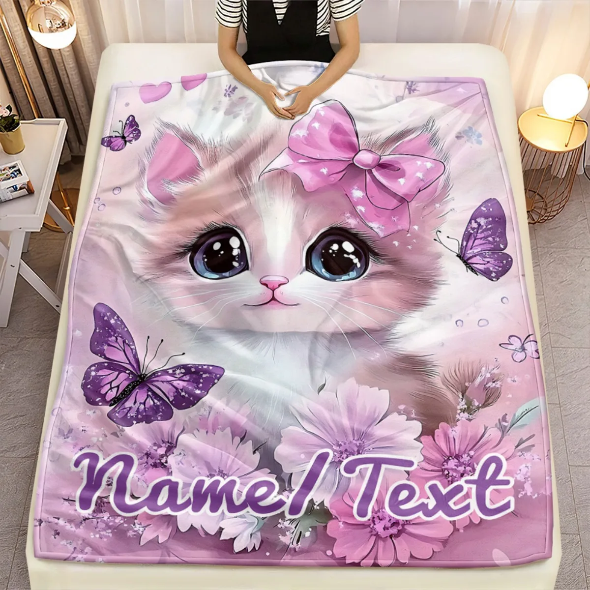 

Персонализированное одеяло с именем для котенка, милый котий рисунок, мягкий флисовый плед, подарок для девочки, декор для дома, пастельная тематика