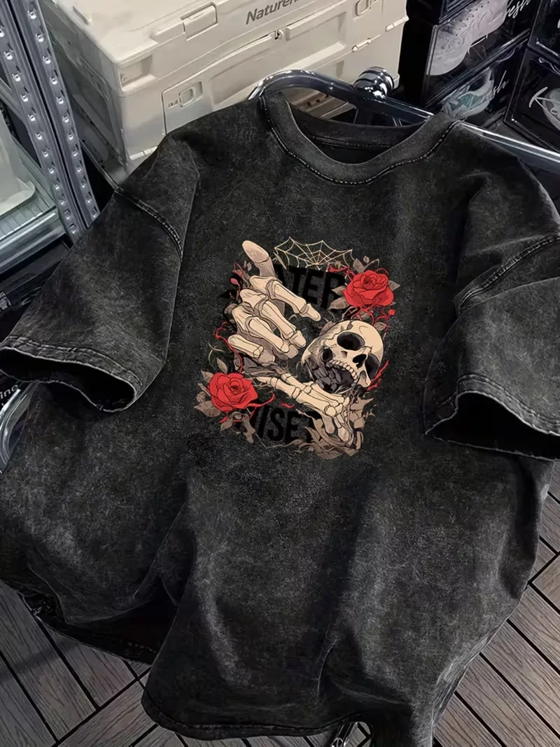 Vintage Distressed Acid Wash Skull Hand Rose Print T Shirt Retro Washed Faded Short Sleeve Tee for Men Women Streetwear