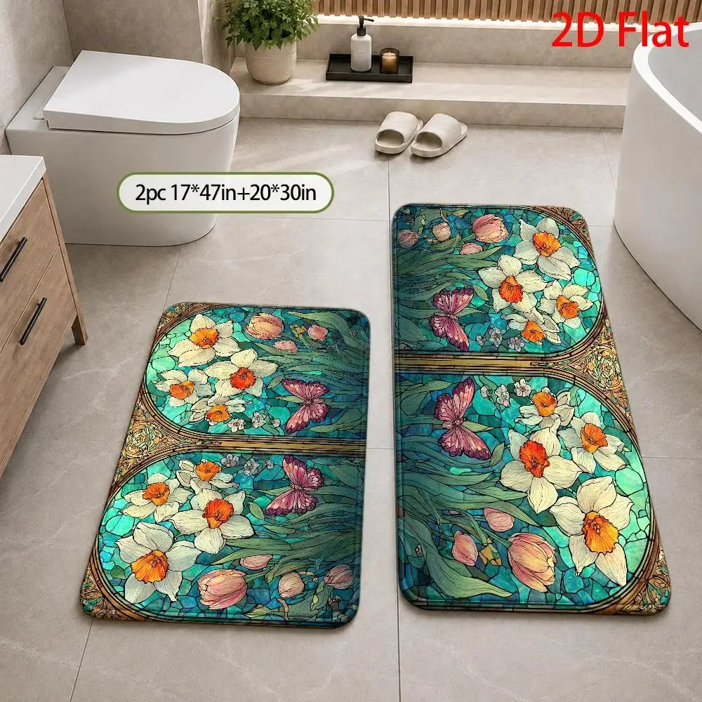 Highly Decorative Floral Butterfly Art Bath Rug Mat Waterproof Non Slip Bathroom Accessory for Shower and Vanity Area Home Decor