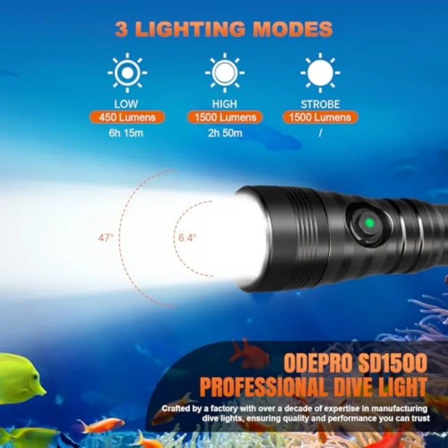 SD1500 Dive Light 1500 Lumens Rechargeable Scuba Diving Flashlight 3 Modes Waterproof Underwater Diving Safety Backup Lights wi