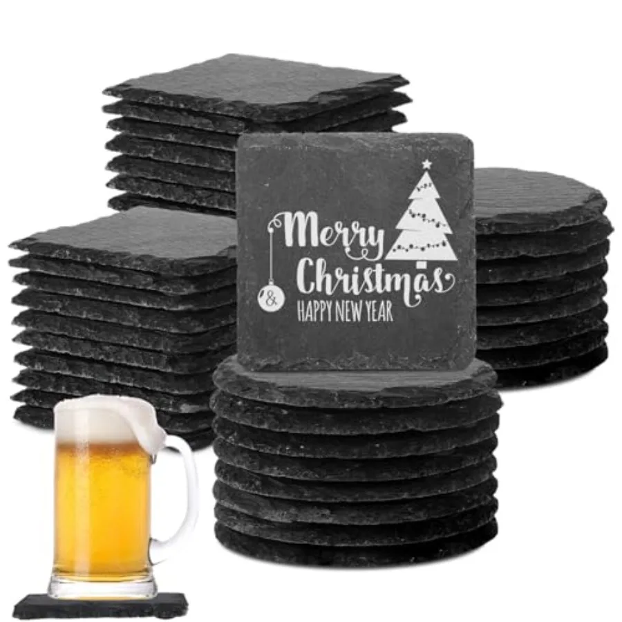 

72 Pcs Slate Coasters Bulk 4 Inch Round Black Drink Coaster Square for Natural Laser Engraving Edge Blanks with Anti Scratch Bo