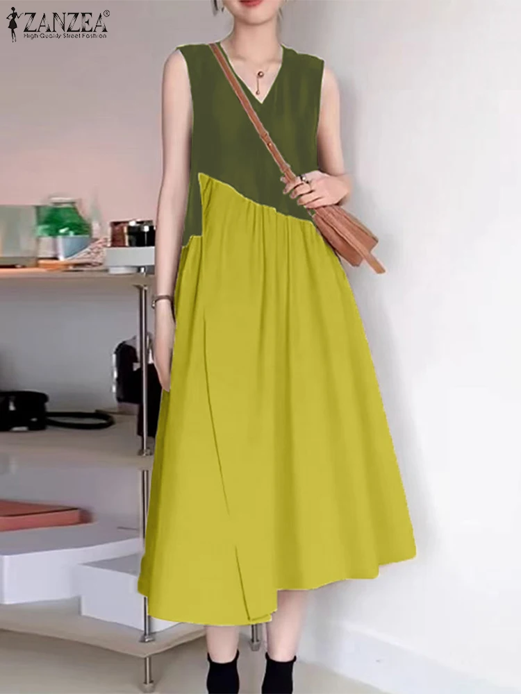 Fashion Women Colorblock Dress Holiday Sleeveless Tank Sundress 2024 ZANZEA Summer V-neck Stitching Maxi Robe Causal Loose Dress