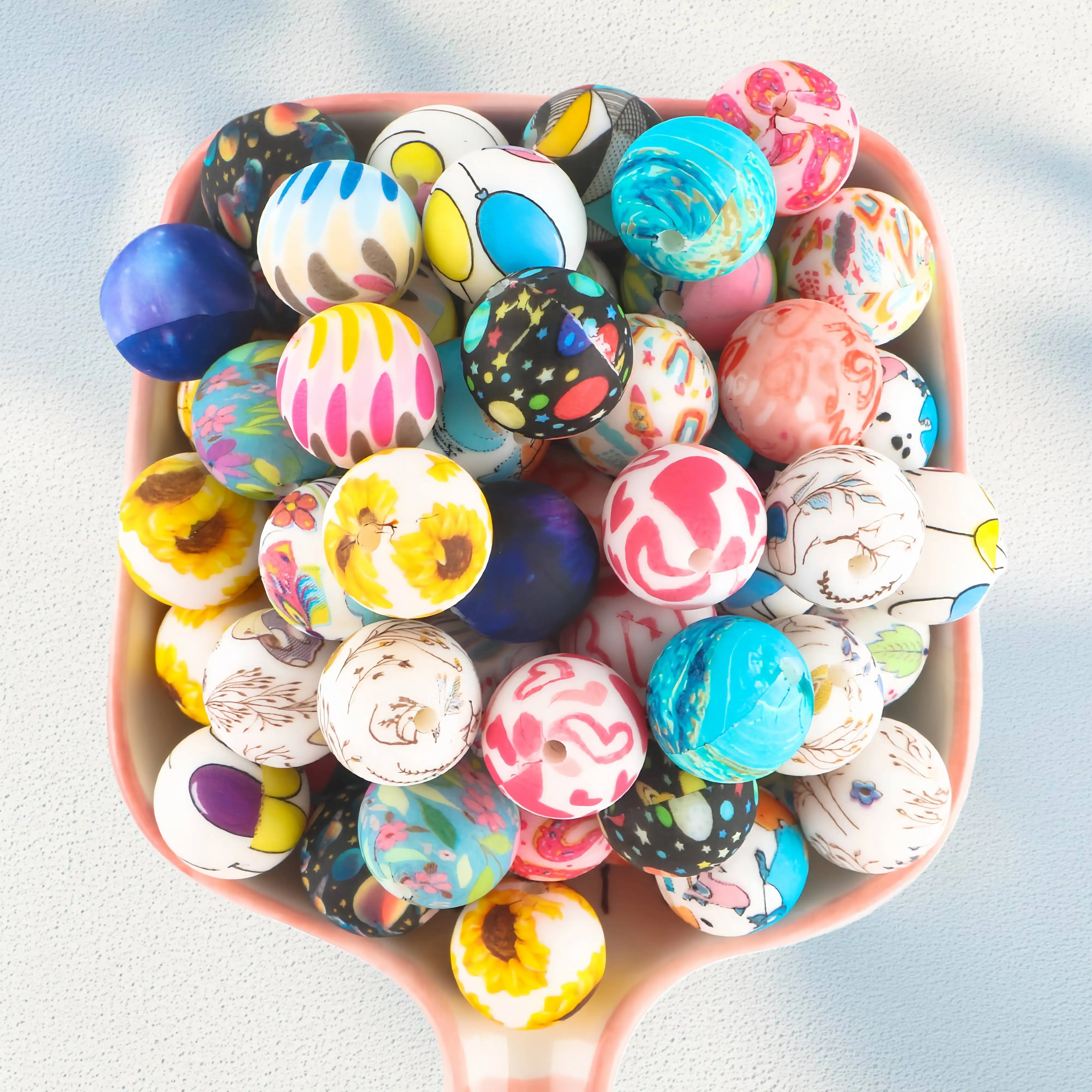 

50/100Pcs 15mm Silicone Printed Round Beads DIY Keychain Necklace Bracelet Accessories For Jewelry Making