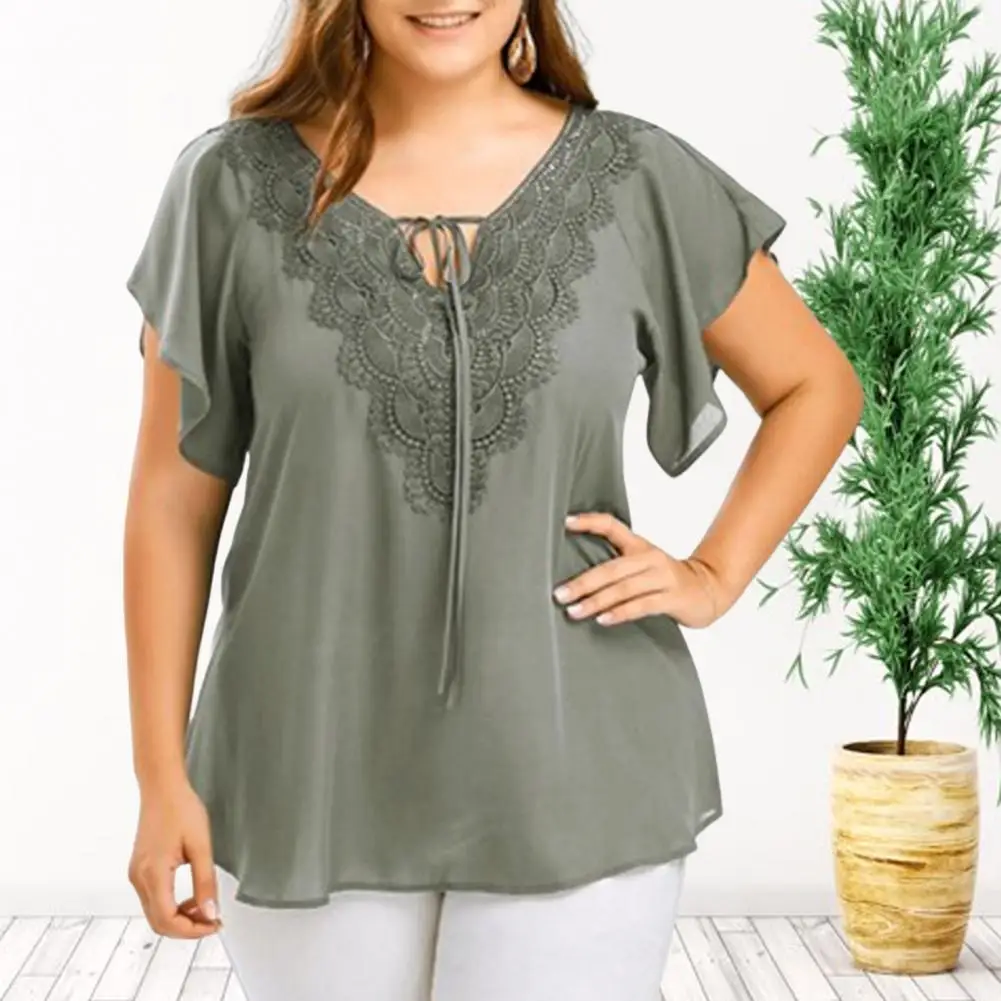 Plus Size XL - 5XL Women Blouse V Neck Pure Color Flare Sleeves Large Hem Casual Top Lady Clothes