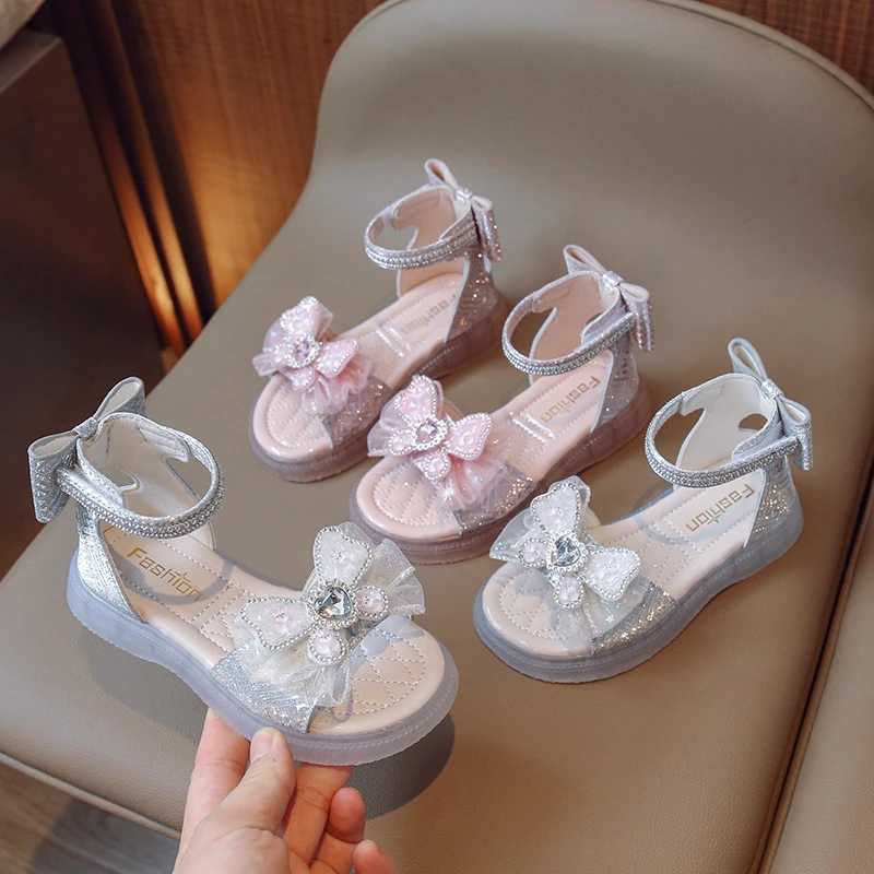 

Girls Sandals Shine Back Zipper Hook & Loop Children Fashion Open-toe Kids Shoes 2023 New Soft Flat Versatile Breatheable Simple