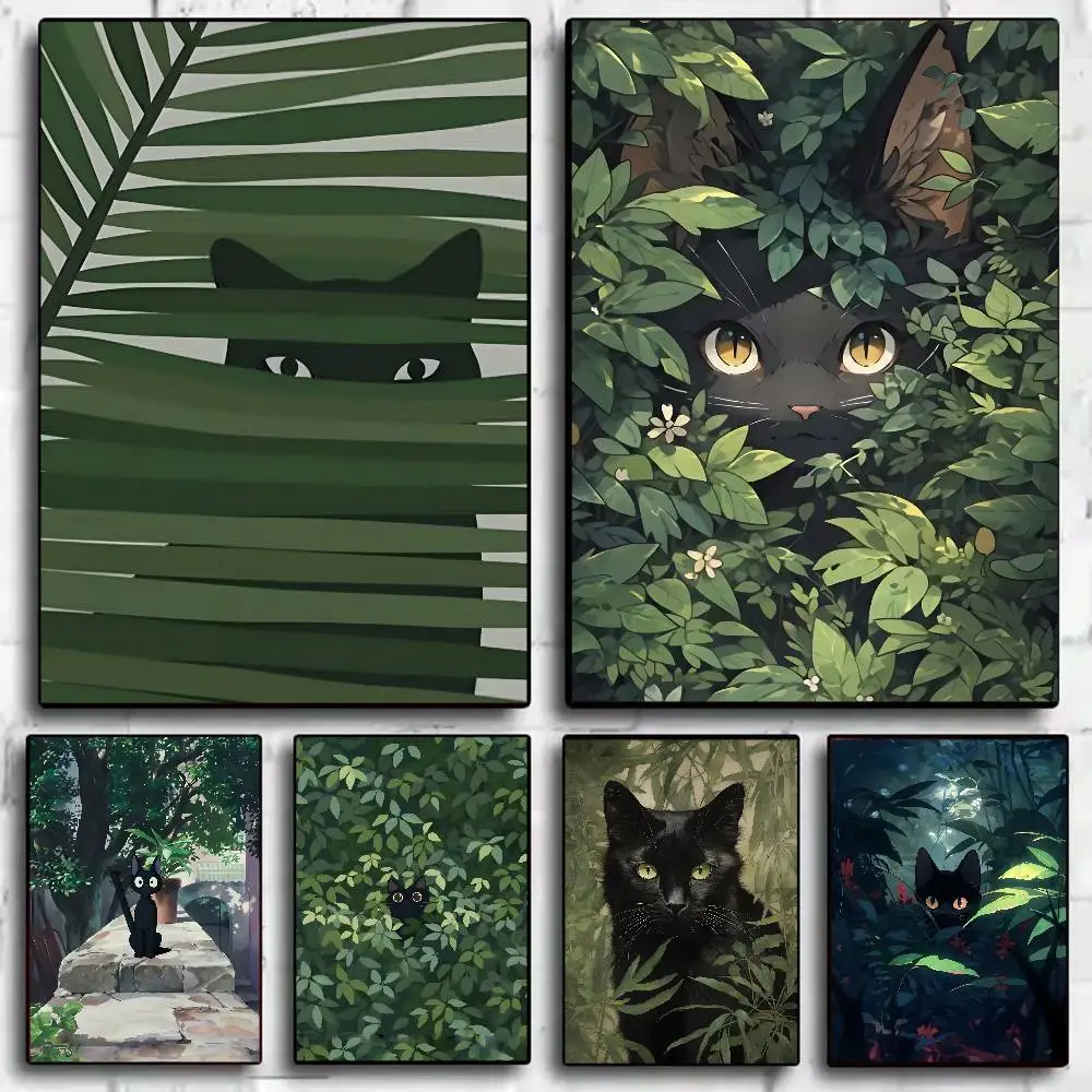 Abstract Green Plants Black Cat Poster HD Art Sticky Wall Waterproof Home Living Room Bedroom Bar Aesthetic Decoration