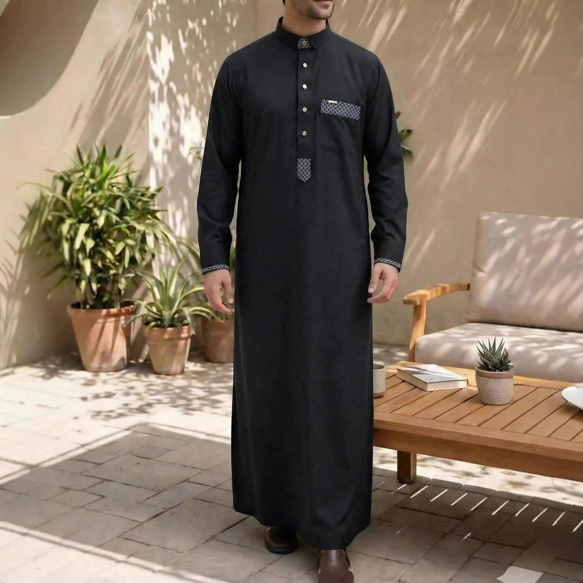 Arabian-Style Men's Robe Long-Sleeved Checked Shirt with Collar Design And Button Decoration Muslim Fashion Clothing