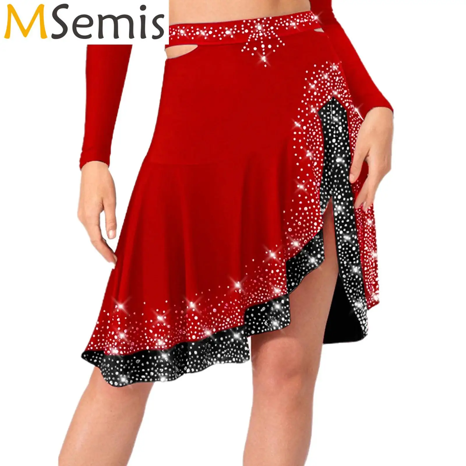 Women Jazz Latin Dance Skirt Shinny Rhinestones Waist Sides Cut Ruffled Skirt Dance Shows Stage Performances Competition Costume