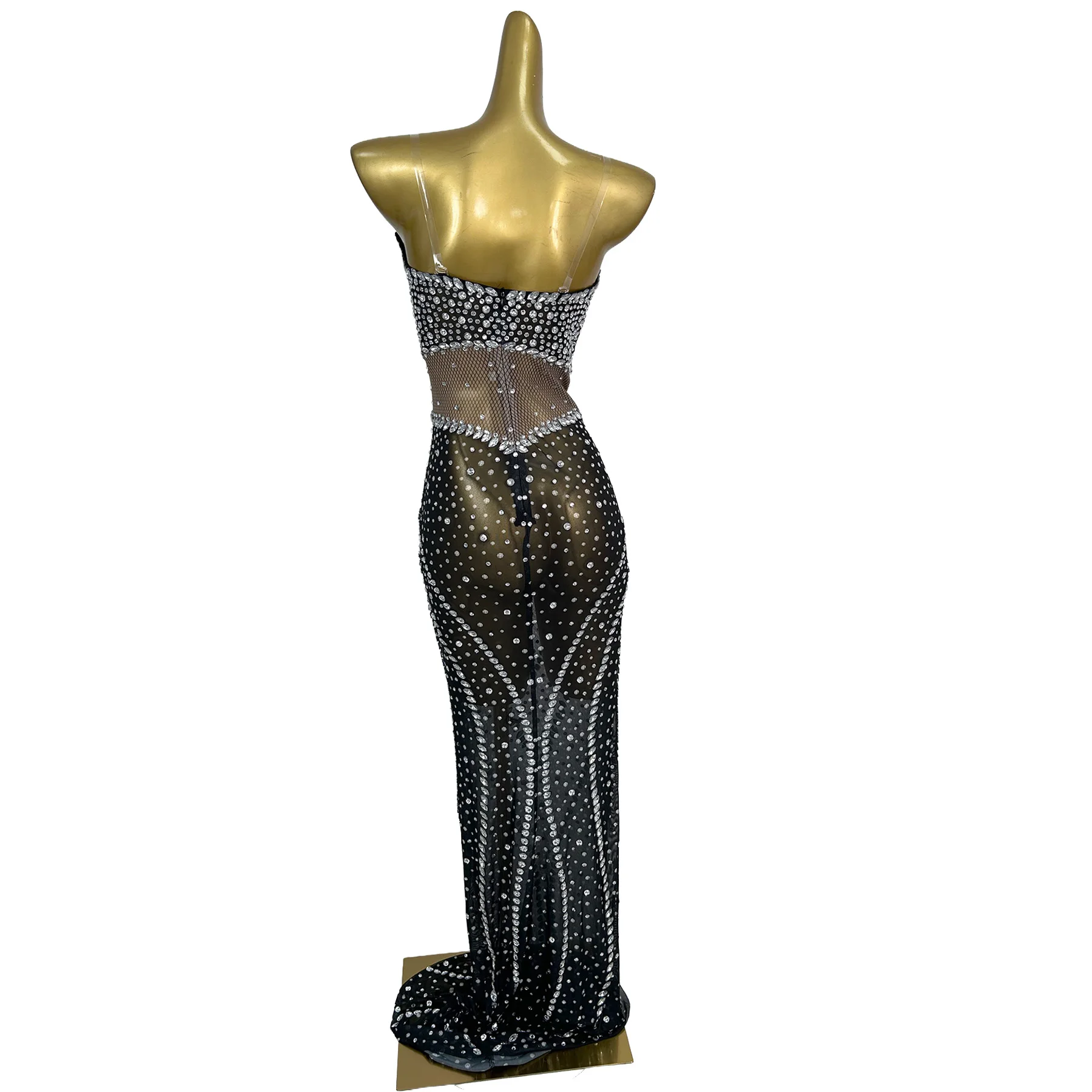 

Black Silver Crystals Mermaid Maxi Dress Women Strapless Transparent Mesh Crystal Formal Stage Performance Evening Gown Shuiwang