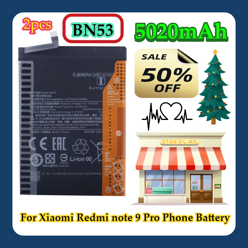 2pcs For Xiaomi Redmi note 9 Pro Phone  Batteries BN53 5020mAh Battery