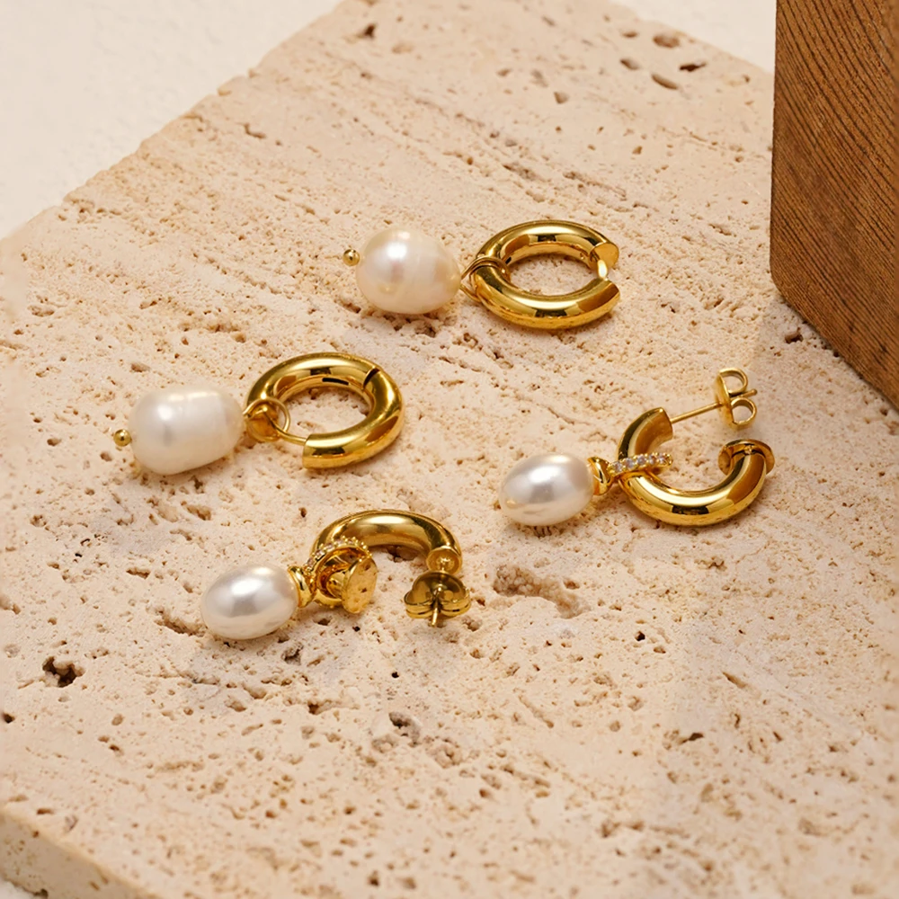 ENFASHION Aretes De Mujer Natural Removable Pearl Hoop Earrings For Women's Stainless steel 18K Gold Plated Dating Jewelry E1739