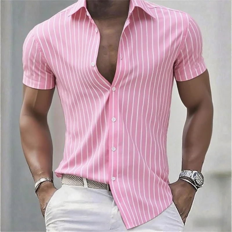 メンズシャツストライプスリムフィット半袖シャツ、通気性ラペルボタンファッションアロハシャツ、快適な生地XS-6XL